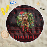 Wreath and Santa Dog in Red Beach Blanket with Black Holiday Pattern Design - Wonder Print Shop