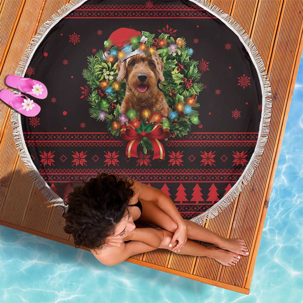 Wreath and Santa Dog in Red Beach Blanket with Black Holiday Pattern Design - Wonder Print Shop