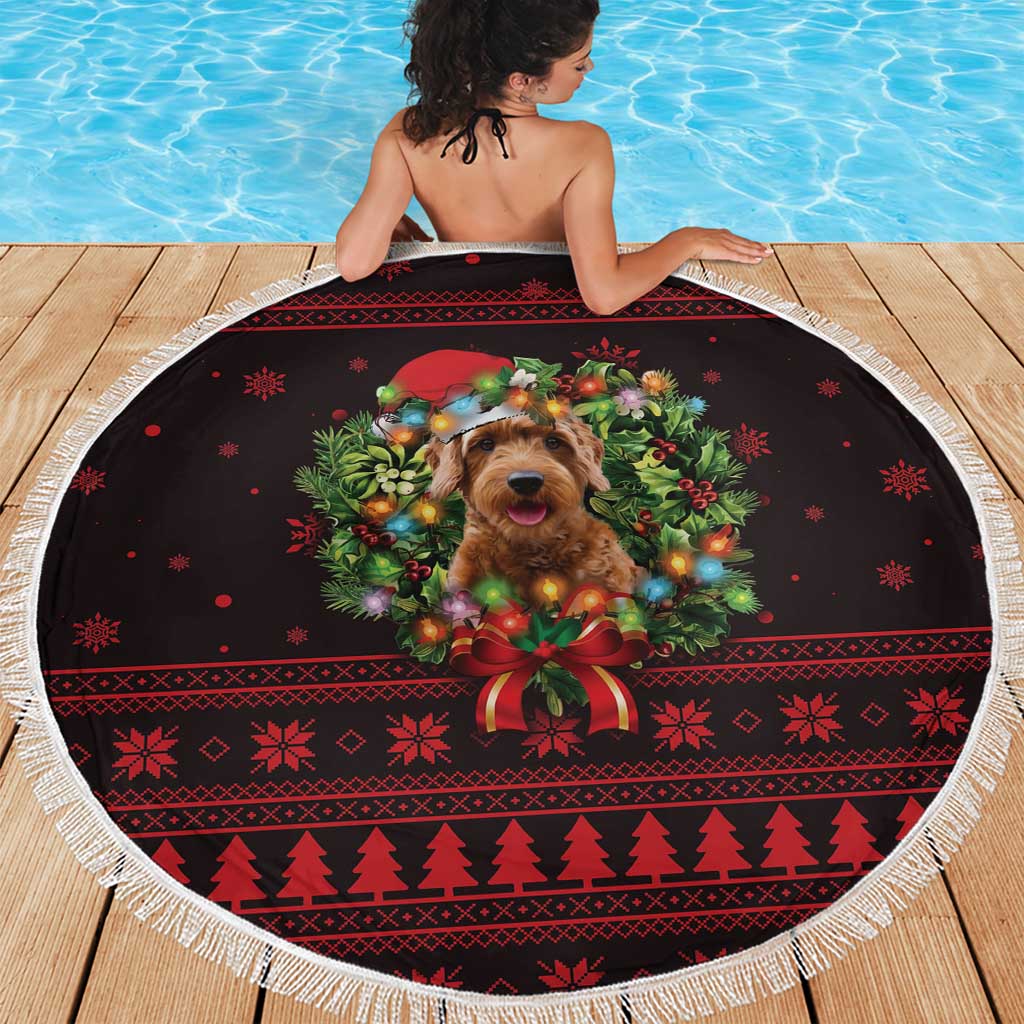 Wreath and Santa Dog in Red Beach Blanket with Black Holiday Pattern Design - Wonder Print Shop