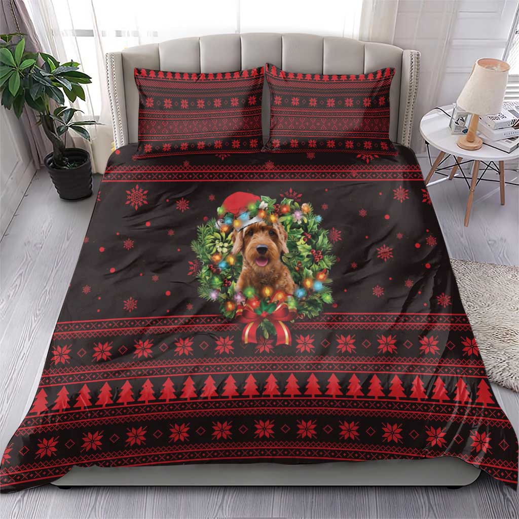 Wreath and Santa Dog in Red Bedding Set with Black Holiday Pattern Design - Wonder Print Shop