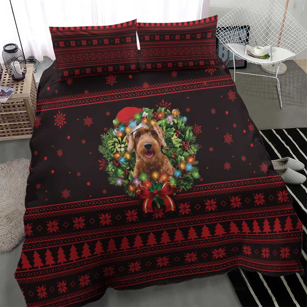 Wreath and Santa Dog in Red Bedding Set with Black Holiday Pattern Design - Wonder Print Shop