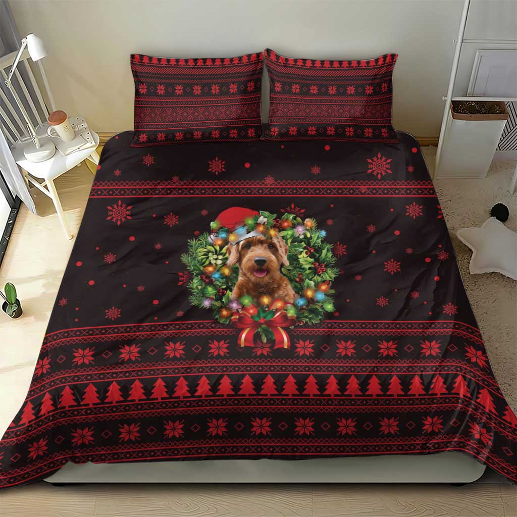 Wreath and Santa Dog in Red Bedding Set with Black Holiday Pattern Design - Wonder Print Shop