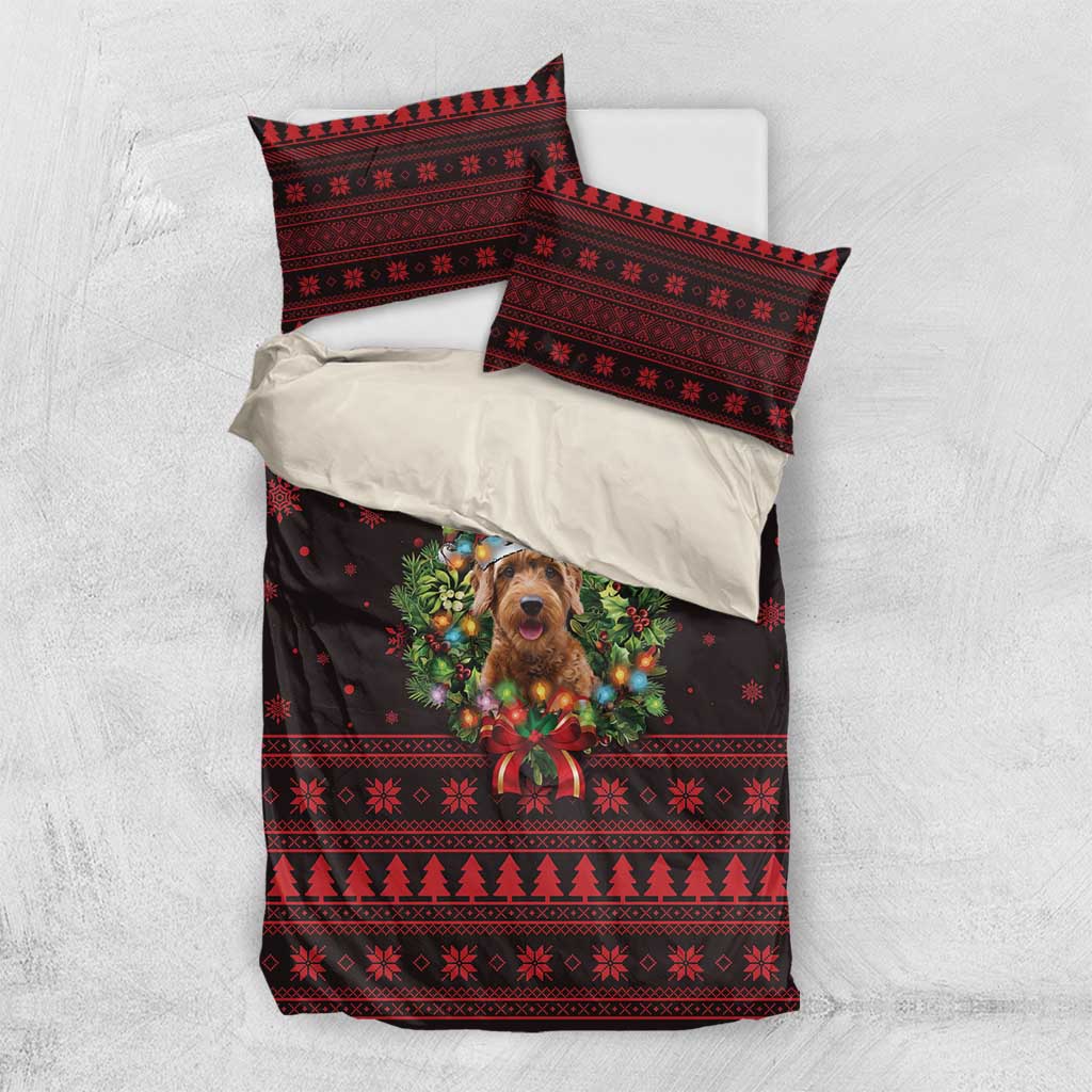 Wreath and Santa Dog in Red Bedding Set with Black Holiday Pattern Design - Wonder Print Shop