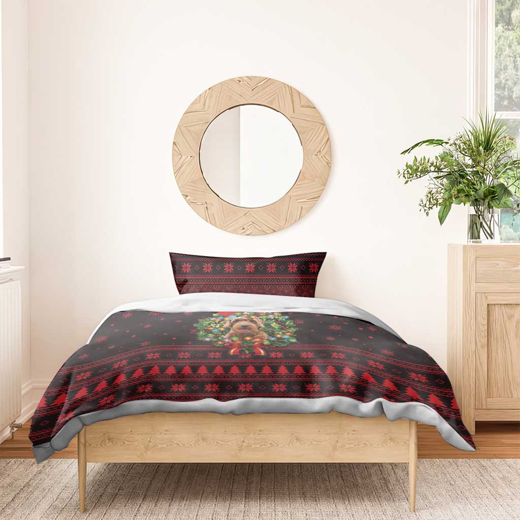 Wreath and Santa Dog in Red Bedding Set with Black Holiday Pattern Design - Wonder Print Shop