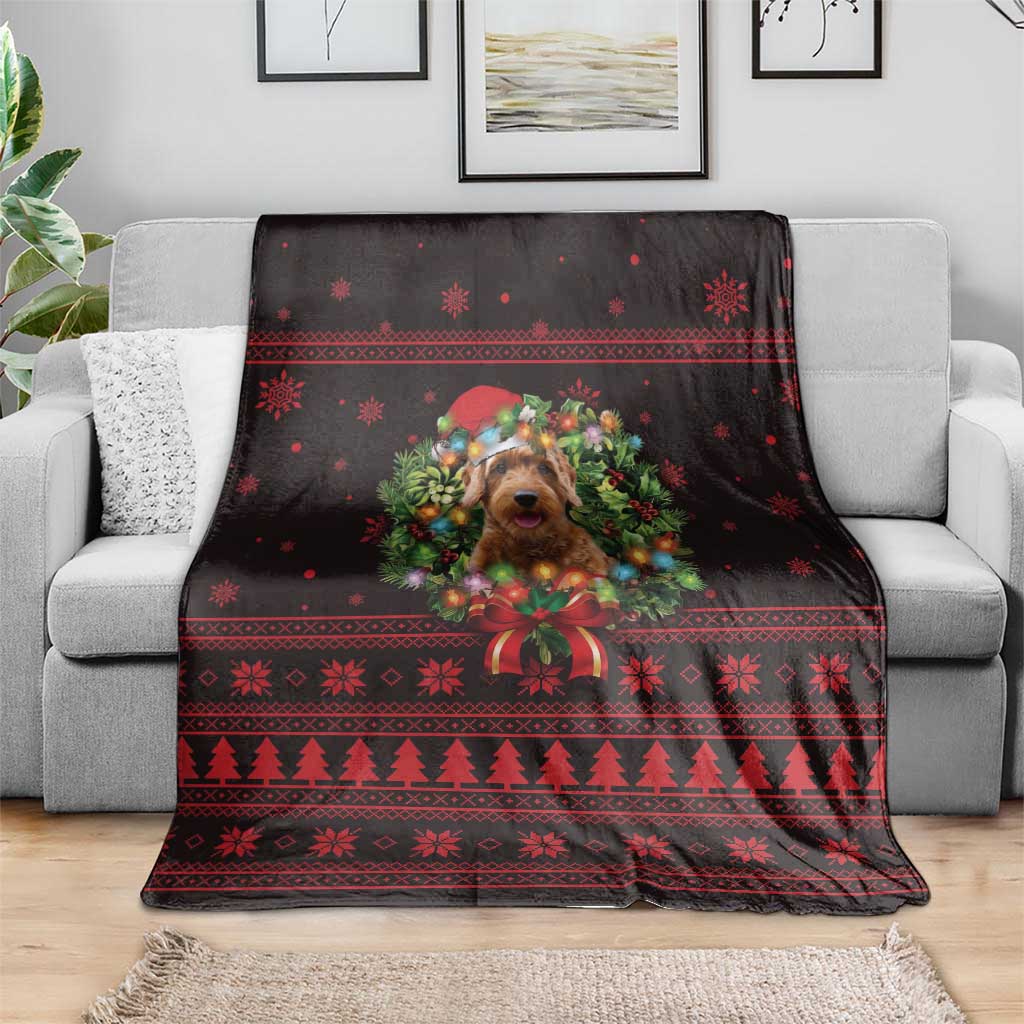 Wreath and Santa Dog in Red Blanket with Black Holiday Pattern Design - Wonder Print Shop