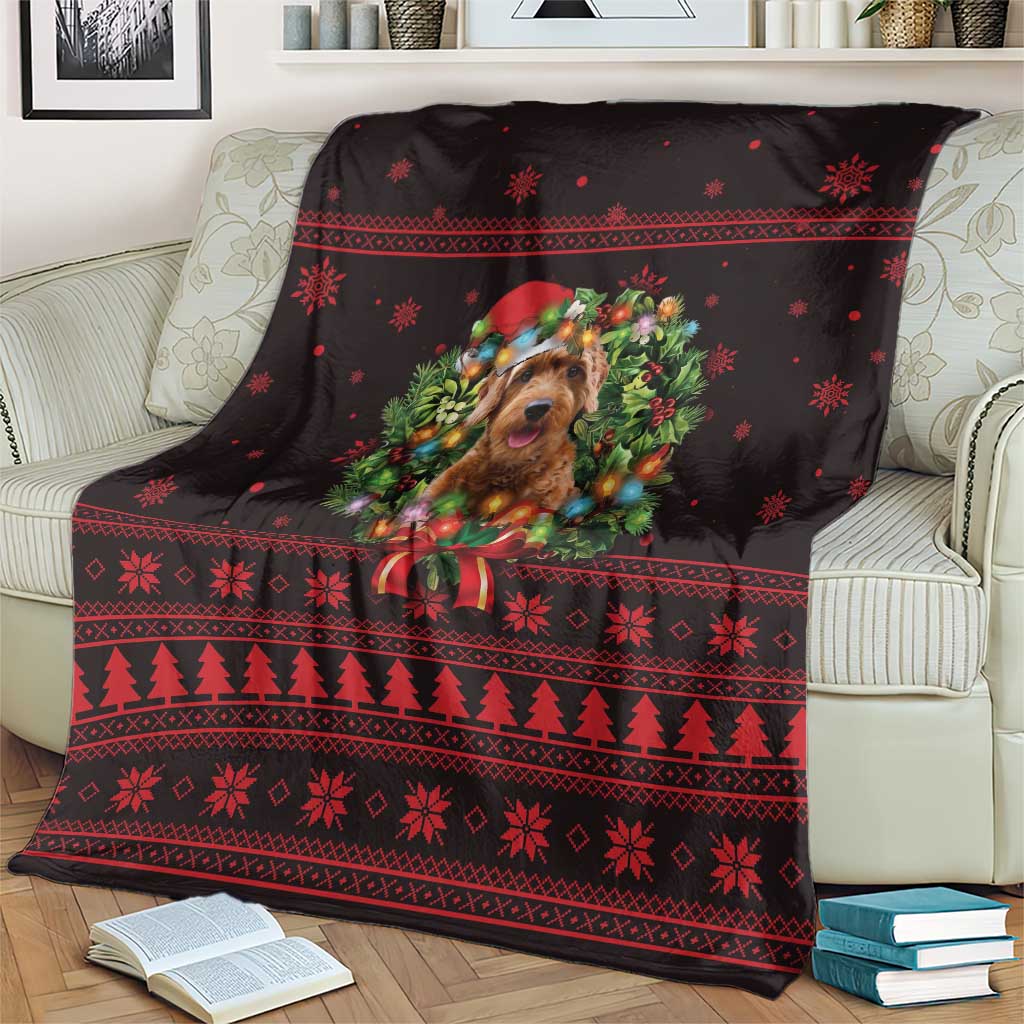 Wreath and Santa Dog in Red Blanket with Black Holiday Pattern Design - Wonder Print Shop