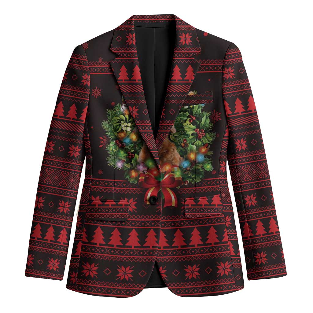 Wreath and Santa Dog in Red Blazer with Black Holiday Pattern Design - Wonder Print Shop