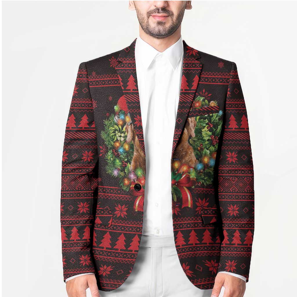 Wreath and Santa Dog in Red Blazer with Black Holiday Pattern Design - Wonder Print Shop