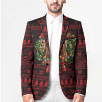 Wreath and Santa Dog in Red Blazer with Black Holiday Pattern Design - Wonder Print Shop