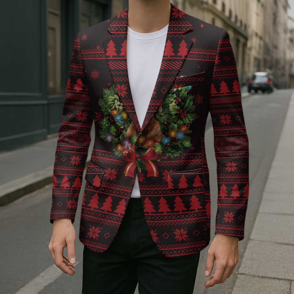Wreath and Santa Dog in Red Blazer with Black Holiday Pattern Design - Wonder Print Shop