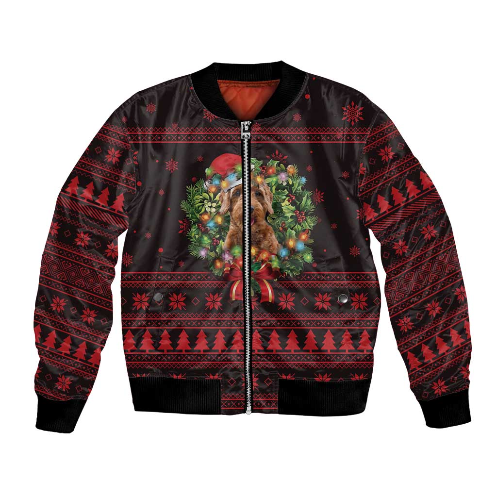 Wreath and Santa Dog in Red Bomber Jacket with Black Holiday Pattern Design - Wonder Print Shop
