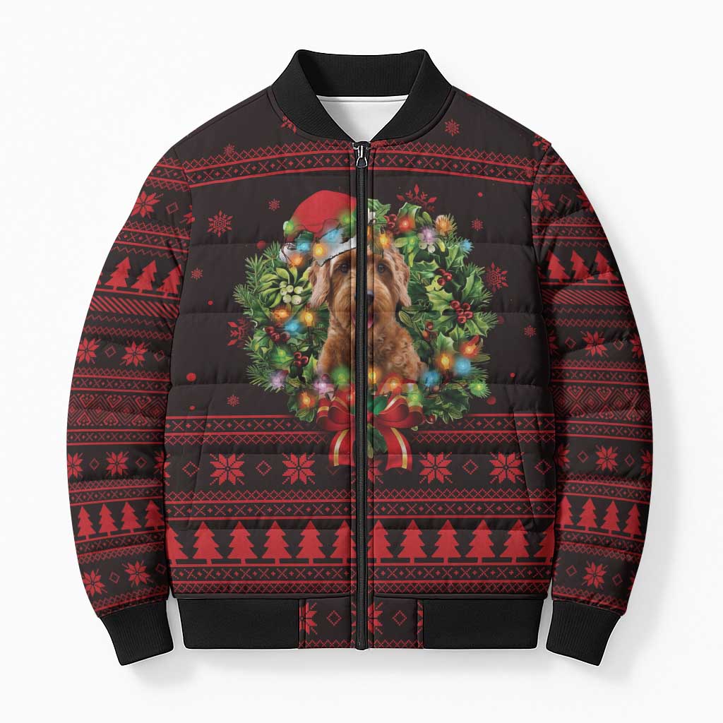Wreath and Santa Dog in Red Bomber Puffer Jacket with Black Holiday Pattern Design - Wonder Print Shop