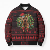 Wreath and Santa Dog in Red Bomber Puffer Jacket with Black Holiday Pattern Design - Wonder Print Shop