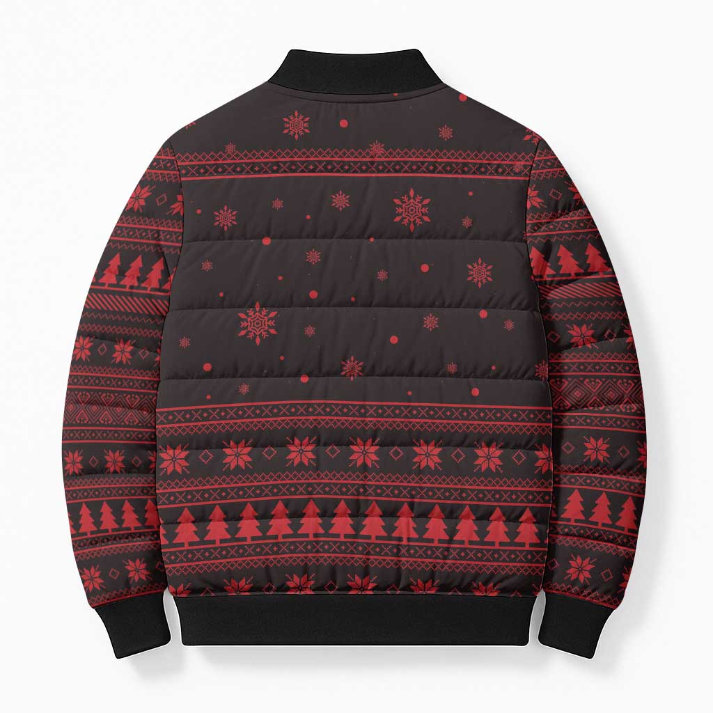 Wreath and Santa Dog in Red Bomber Puffer Jacket with Black Holiday Pattern Design - Wonder Print Shop