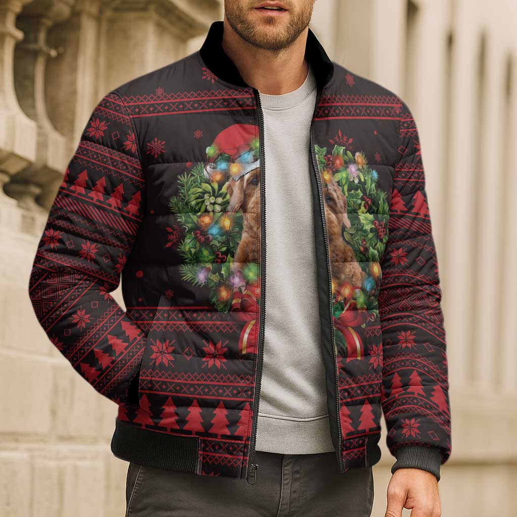 Wreath and Santa Dog in Red Bomber Puffer Jacket with Black Holiday Pattern Design - Wonder Print Shop