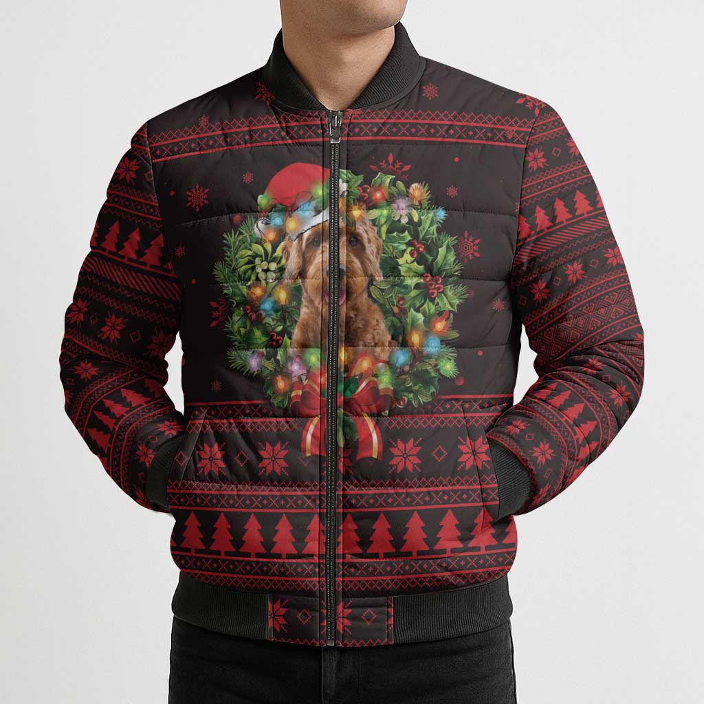 Wreath and Santa Dog in Red Bomber Puffer Jacket with Black Holiday Pattern Design - Wonder Print Shop