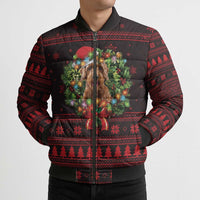 Wreath and Santa Dog in Red Bomber Puffer Jacket with Black Holiday Pattern Design - Wonder Print Shop