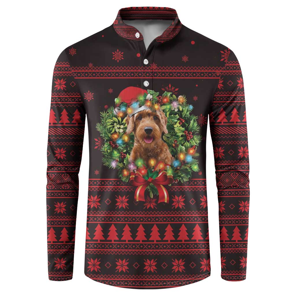 Wreath and Santa Dog in Red Button Sweatshirt with Black Holiday Pattern Design - Wonder Print Shop