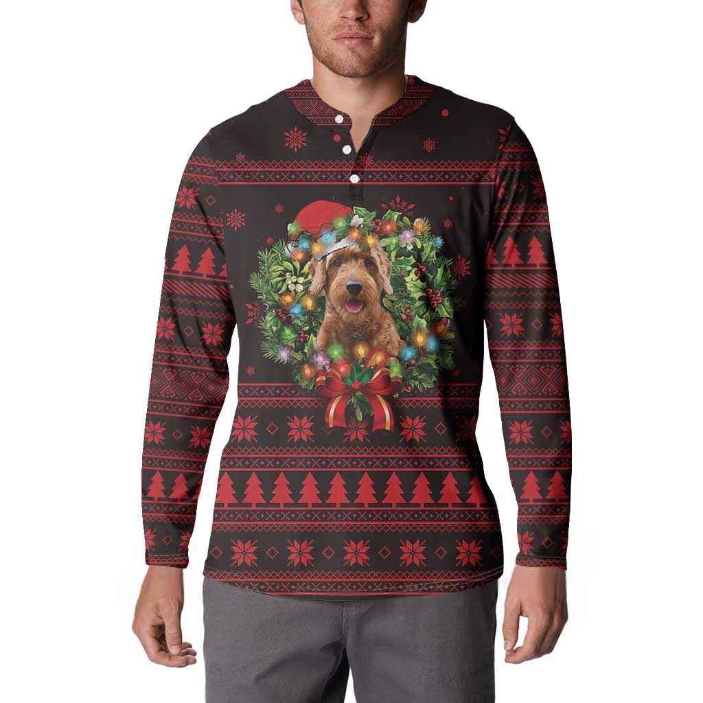 Wreath and Santa Dog in Red Button Sweatshirt with Black Holiday Pattern Design - Wonder Print Shop