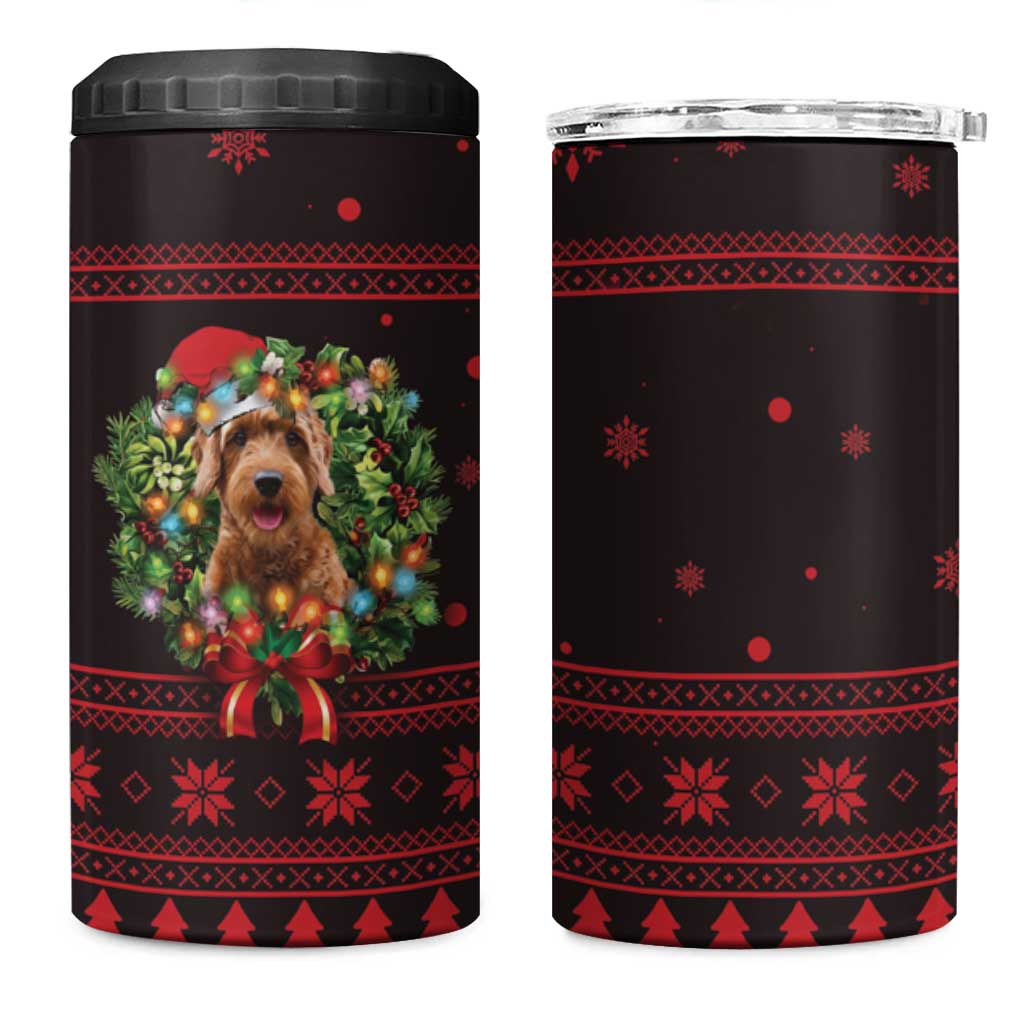 Wreath and Santa Dog in Red 4 in 1 Can Cooler Tumbler with Black Holiday Pattern Design - Wonder Print Shop