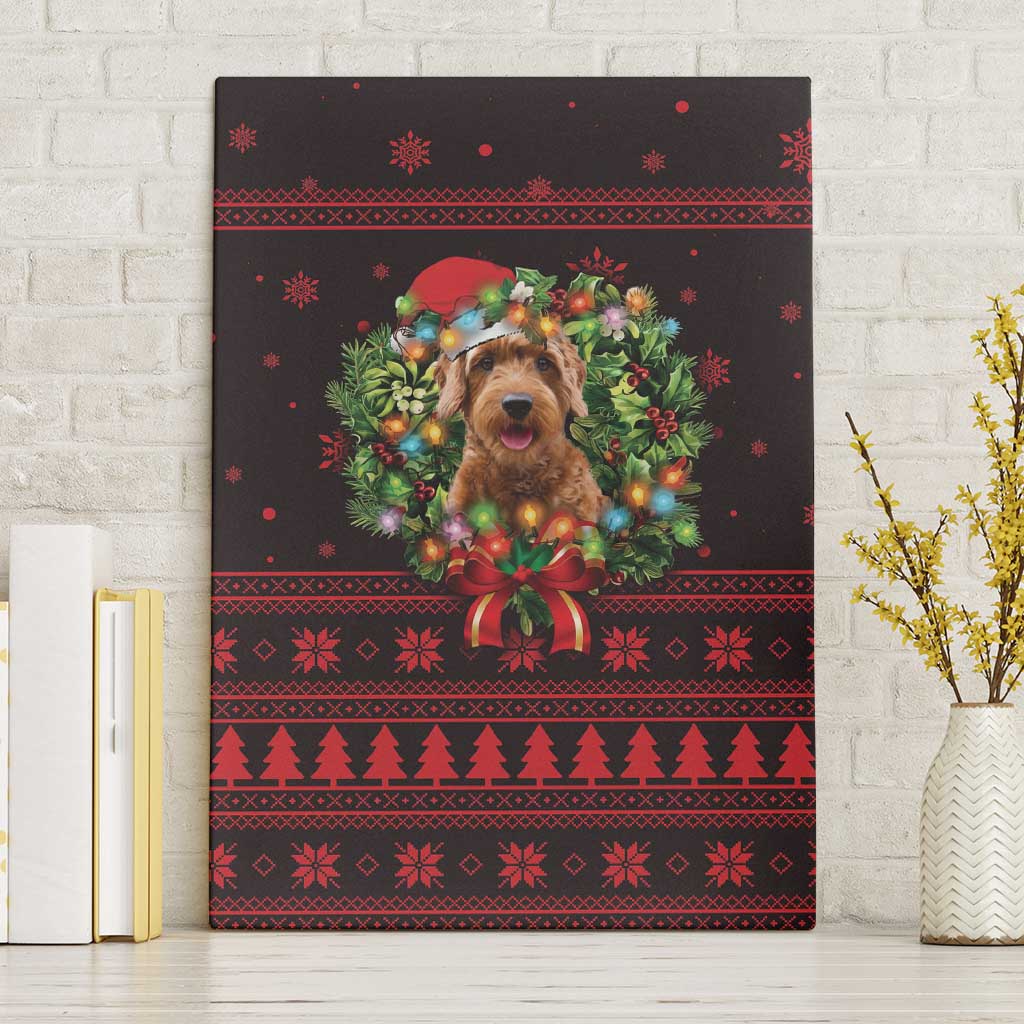 Wreath and Santa Dog in Red Canvas Wall Art with Black Holiday Pattern Design - Wonder Print Shop