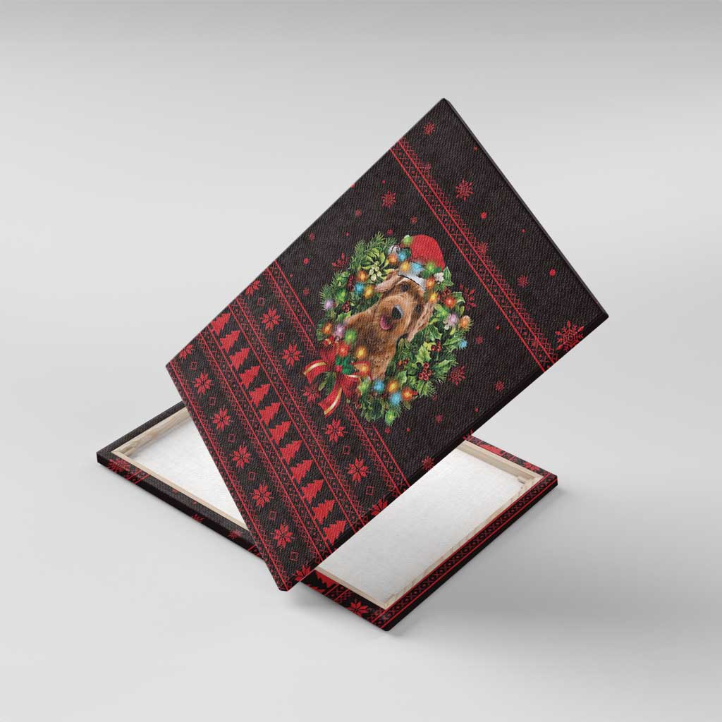 Wreath and Santa Dog in Red Canvas Wall Art with Black Holiday Pattern Design - Wonder Print Shop