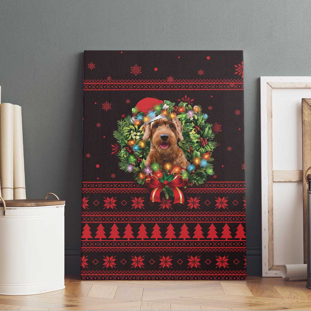 Wreath and Santa Dog in Red Canvas Wall Art with Black Holiday Pattern Design - Wonder Print Shop