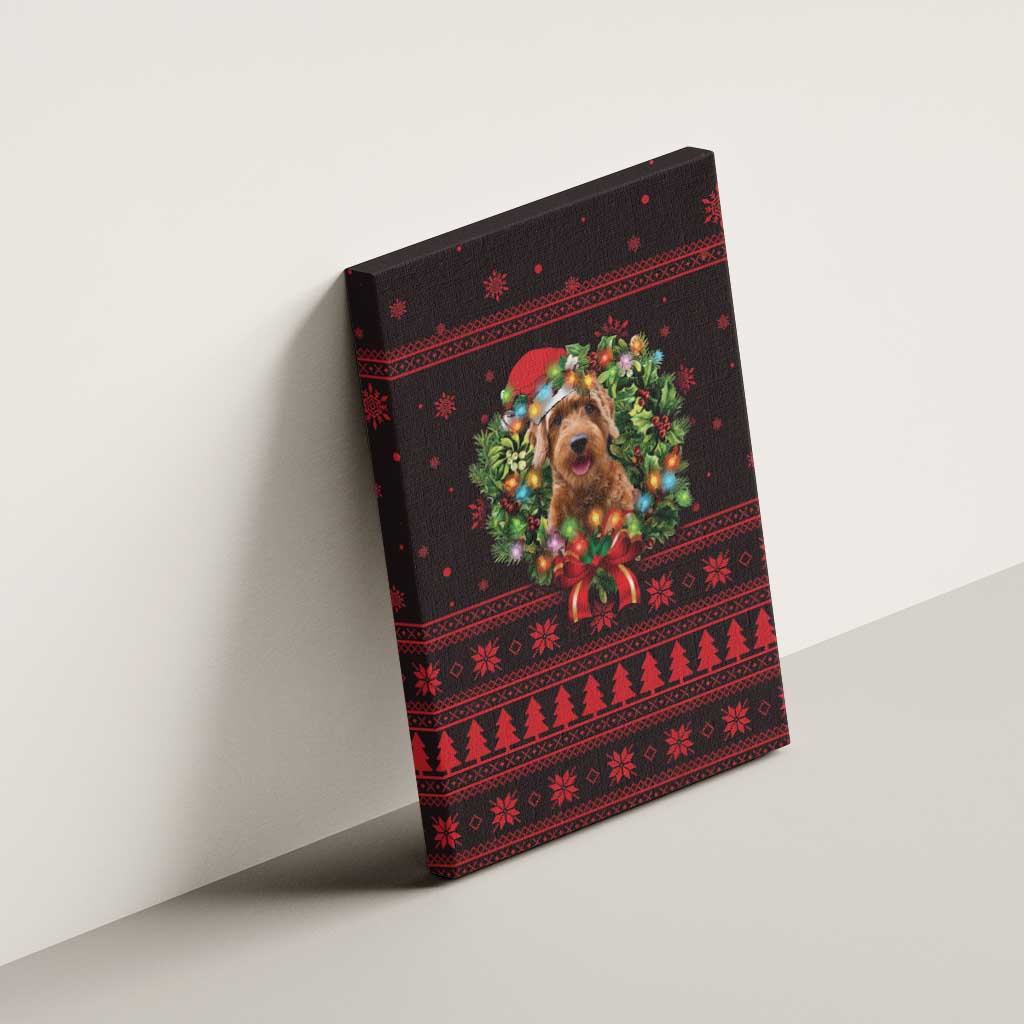 Wreath and Santa Dog in Red Canvas Wall Art with Black Holiday Pattern Design - Wonder Print Shop