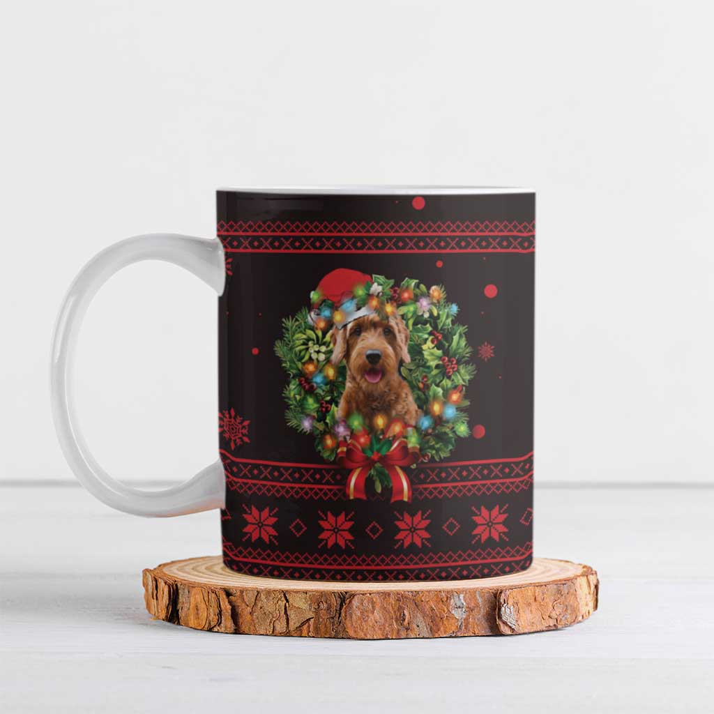 Wreath and Santa Dog in Red Ceramic Mug with Black Holiday Pattern Design - Wonder Print Shop