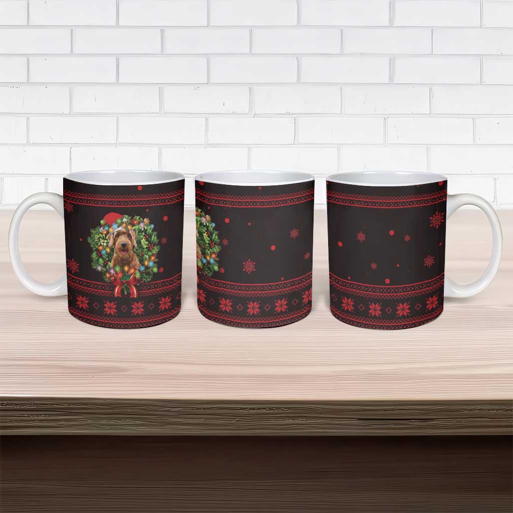 Wreath and Santa Dog in Red Ceramic Mug with Black Holiday Pattern Design - Wonder Print Shop