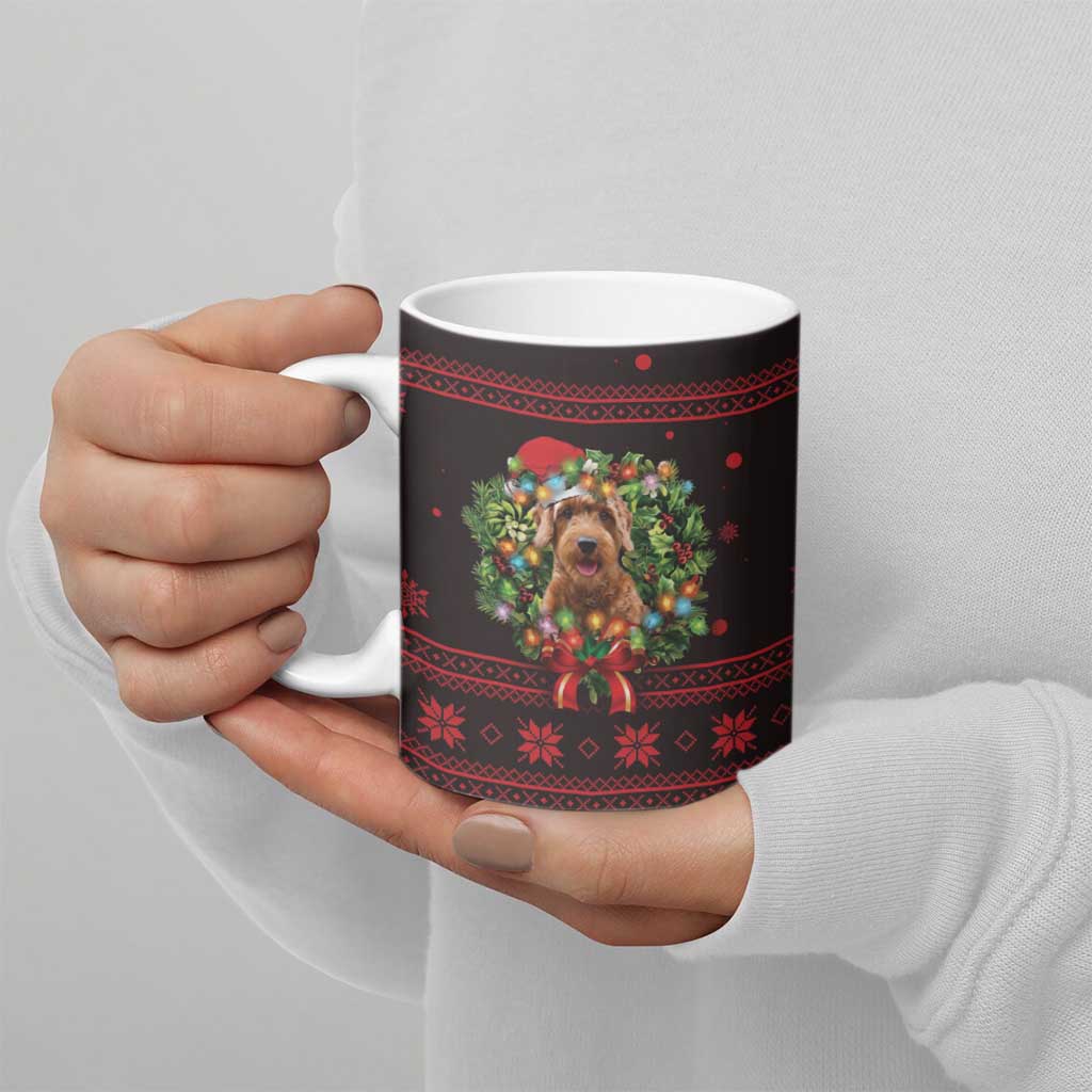 Wreath and Santa Dog in Red Ceramic Mug with Black Holiday Pattern Design - Wonder Print Shop