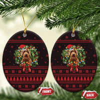 Wreath and Santa Dog in Red Ceramic Ornament with Black Holiday Pattern Design - Wonder Print Shop