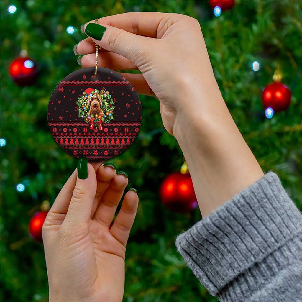 Wreath and Santa Dog in Red Ceramic Ornament with Black Holiday Pattern Design - Wonder Print Shop
