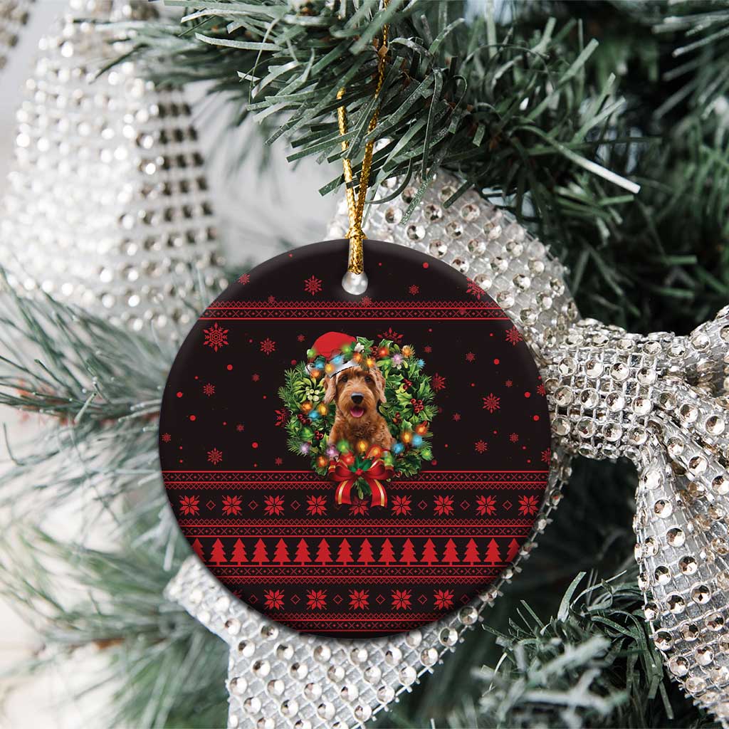 Wreath and Santa Dog in Red Ceramic Ornament with Black Holiday Pattern Design - Wonder Print Shop