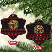 Wreath and Santa Dog in Red Ceramic Ornament with Black Holiday Pattern Design - Wonder Print Shop