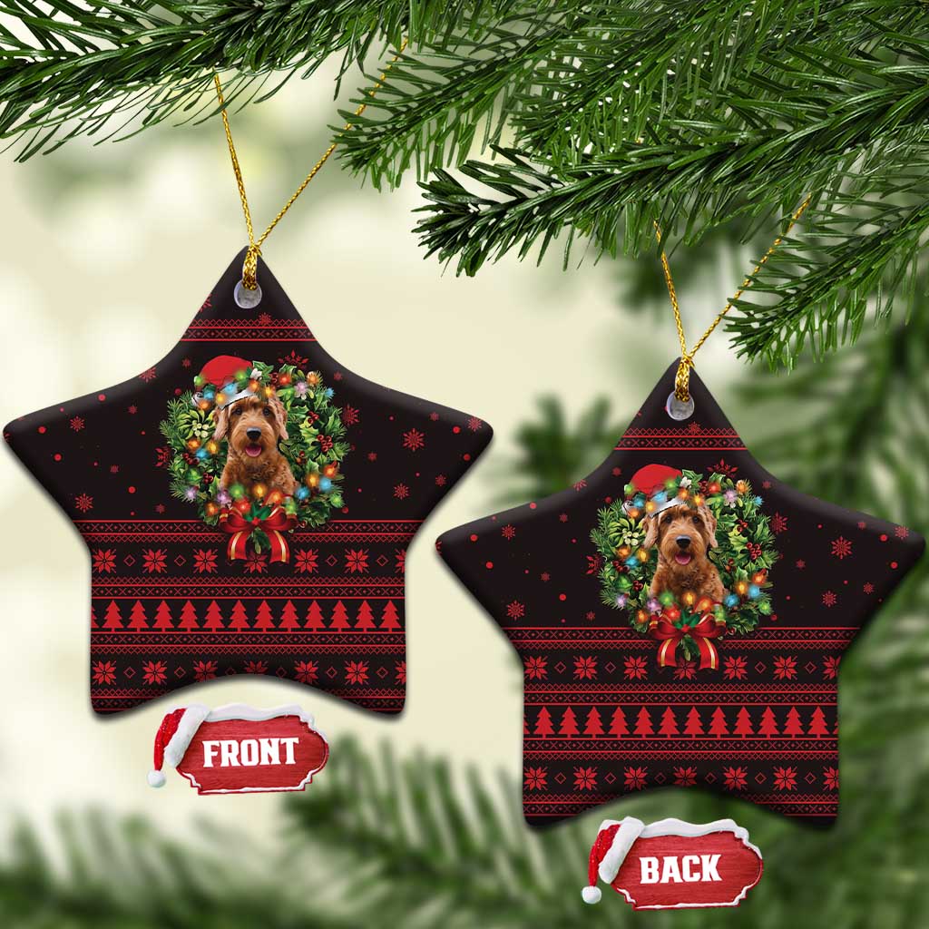Wreath and Santa Dog in Red Ceramic Ornament with Black Holiday Pattern Design - Wonder Print Shop