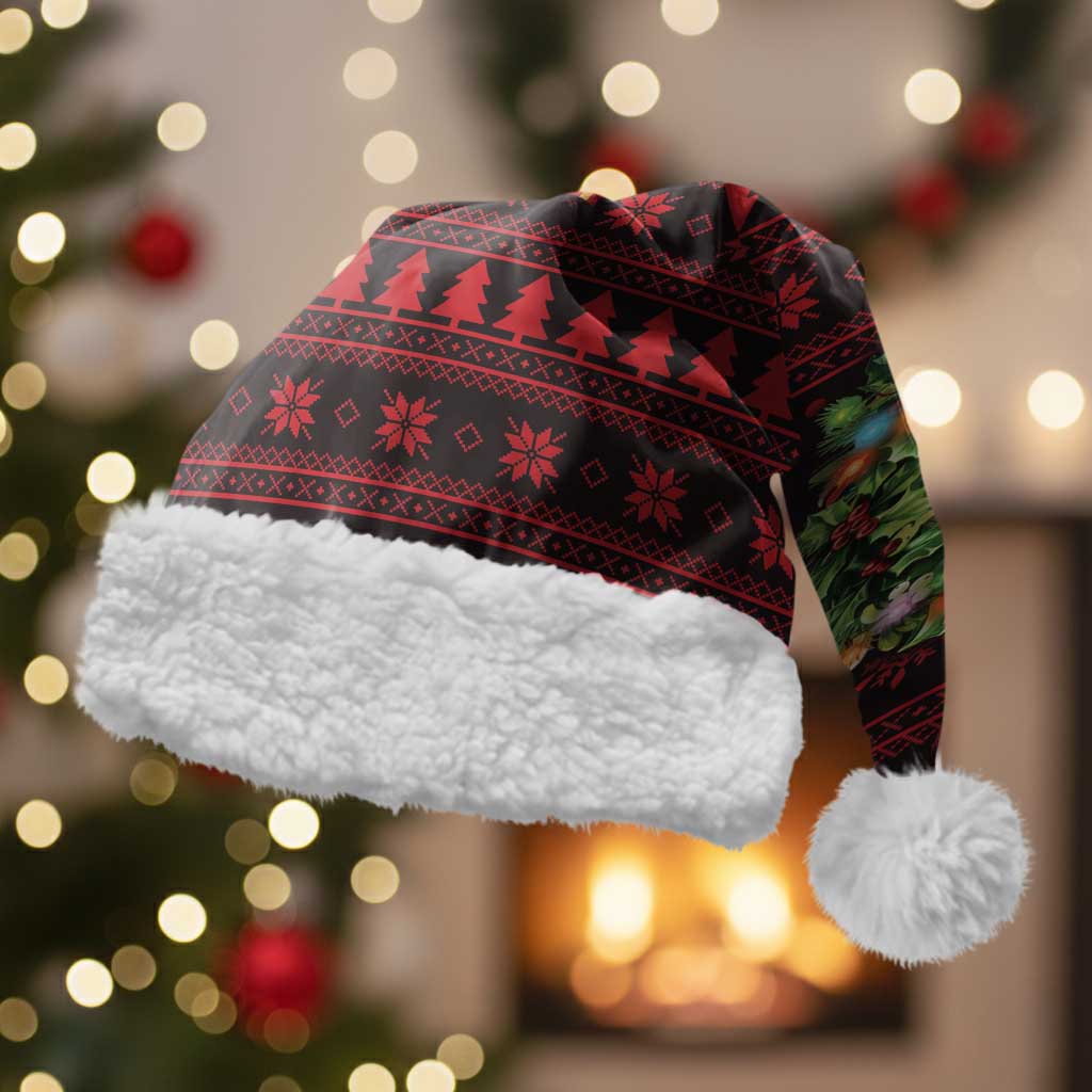 Wreath and Santa Dog in Red Christmas Santa Hat with Black Holiday Pattern Design - Wonder Print Shop