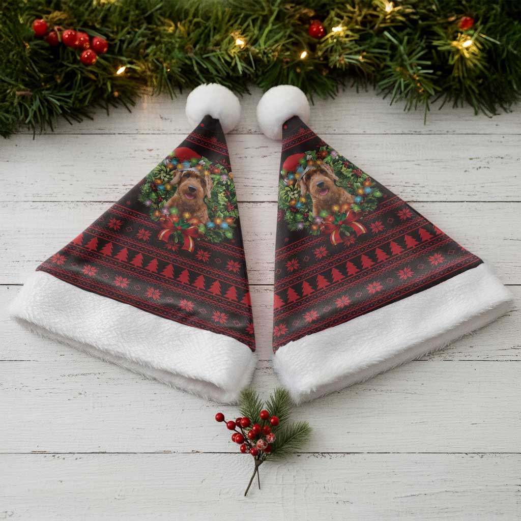 Wreath and Santa Dog in Red Christmas Santa Hat with Black Holiday Pattern Design - Wonder Print Shop