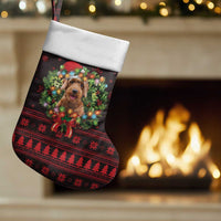 Wreath and Santa Dog in Red Christmas Stocking with Black Holiday Pattern Design - Wonder Print Shop