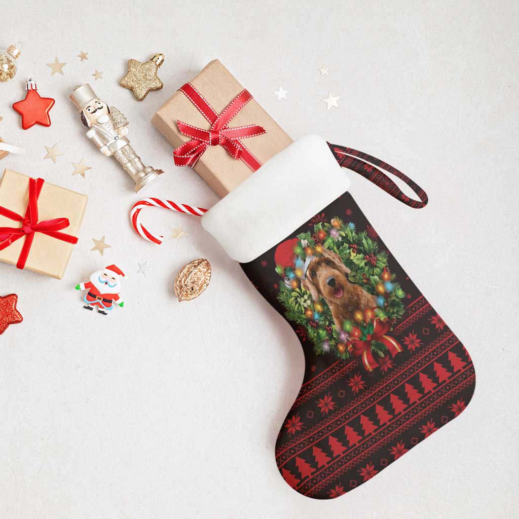 Wreath and Santa Dog in Red Christmas Stocking with Black Holiday Pattern Design - Wonder Print Shop