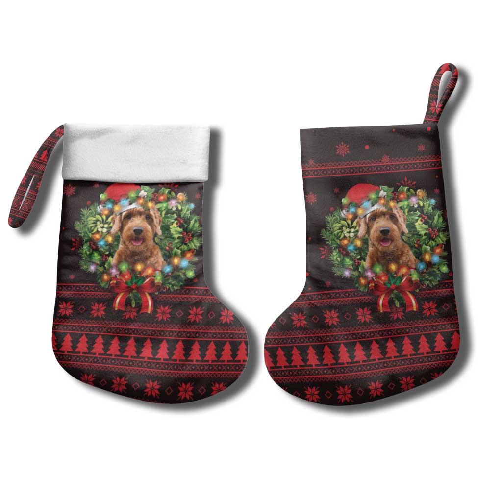 Wreath and Santa Dog in Red Christmas Stocking with Black Holiday Pattern Design - Wonder Print Shop