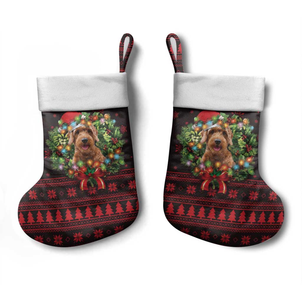 Wreath and Santa Dog in Red Christmas Stocking with Black Holiday Pattern Design - Wonder Print Shop
