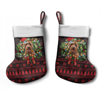 Wreath and Santa Dog in Red Christmas Stocking with Black Holiday Pattern Design - Wonder Print Shop