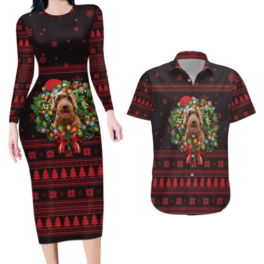 Wreath and Santa Dog in Red Couples Matching Long Sleeve Bodycon Dress and Hawaiian Shirt with Black Holiday Pattern Design - Wonder Print Shop