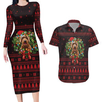 Wreath and Santa Dog in Red Couples Matching Long Sleeve Bodycon Dress and Hawaiian Shirt with Black Holiday Pattern Design - Wonder Print Shop