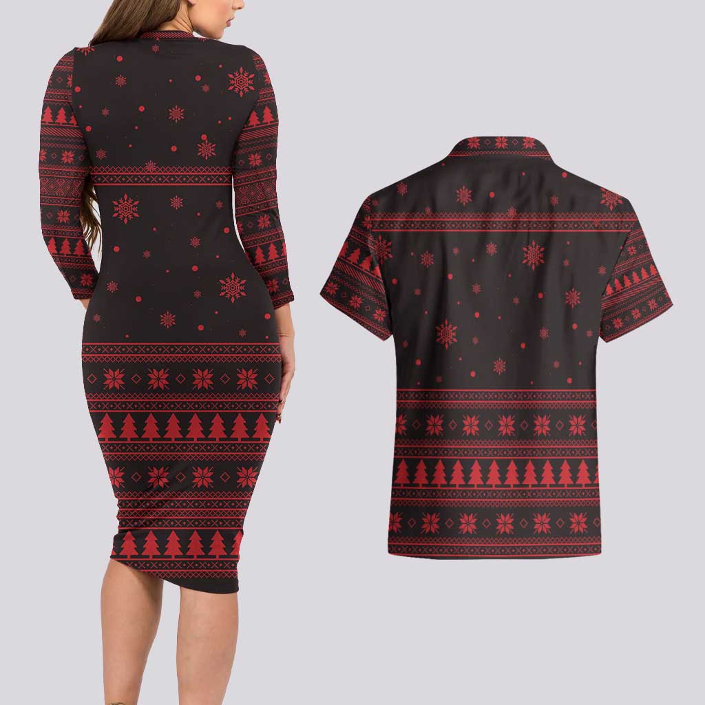 Wreath and Santa Dog in Red Couples Matching Long Sleeve Bodycon Dress and Hawaiian Shirt with Black Holiday Pattern Design - Wonder Print Shop