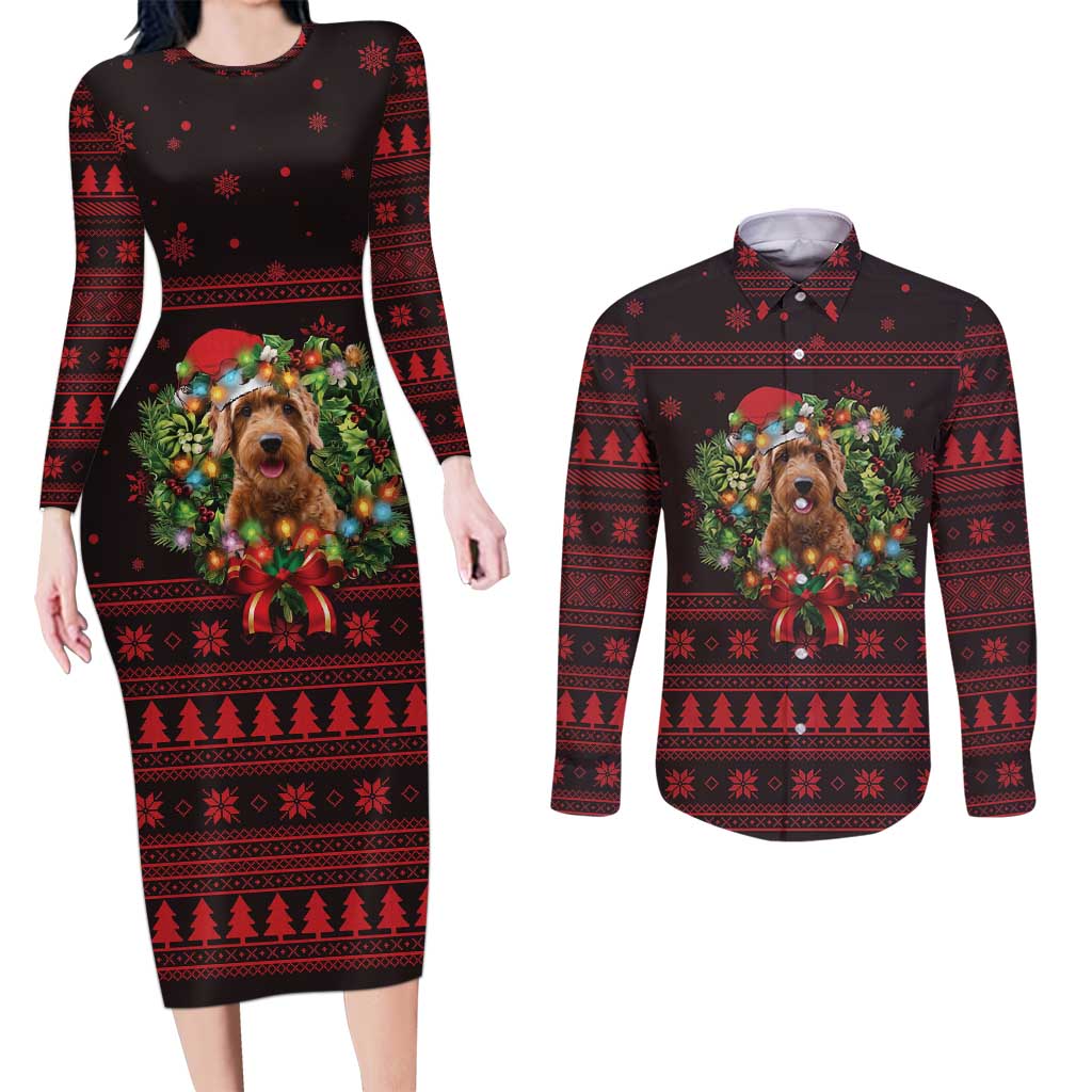 Wreath and Santa Dog in Red Couples Matching Long Sleeve Bodycon Dress and Long Sleeve Button Shirt with Black Holiday Pattern Design - Wonder Print Shop