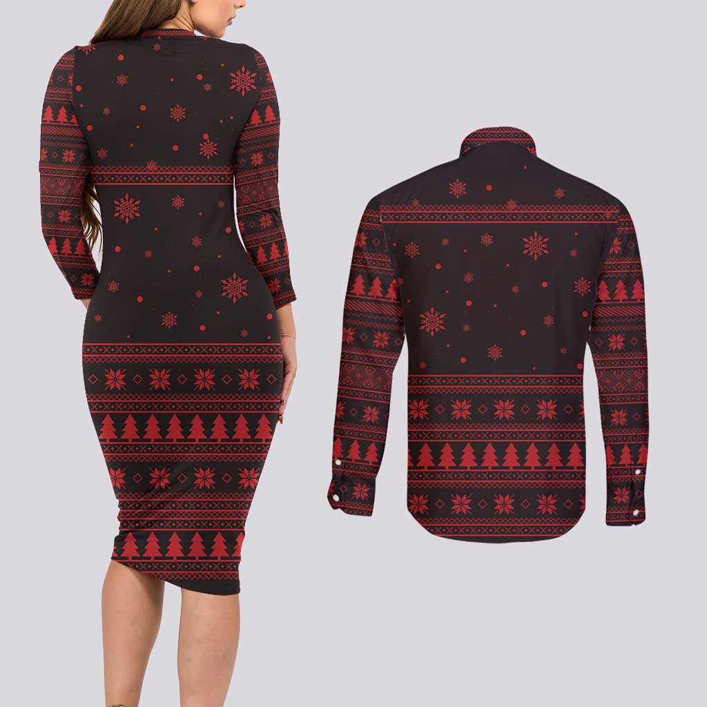 Wreath and Santa Dog in Red Couples Matching Long Sleeve Bodycon Dress and Long Sleeve Button Shirt with Black Holiday Pattern Design - Wonder Print Shop