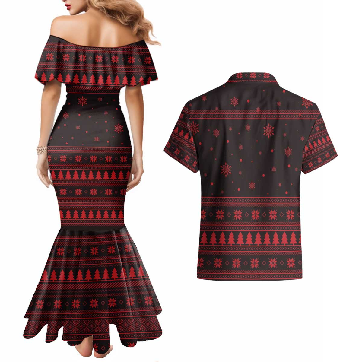 Wreath and Santa Dog in Red Couples Matching Mermaid Dress and Hawaiian Shirt with Black Holiday Pattern Design - Wonder Print Shop