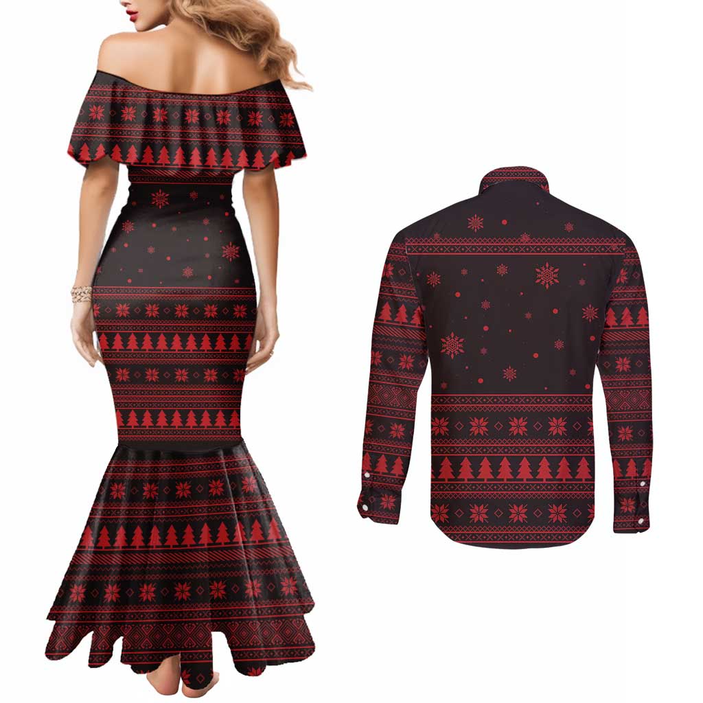 Wreath and Santa Dog in Red Couples Matching Mermaid Dress and Long Sleeve Button Shirt with Black Holiday Pattern Design - Wonder Print Shop
